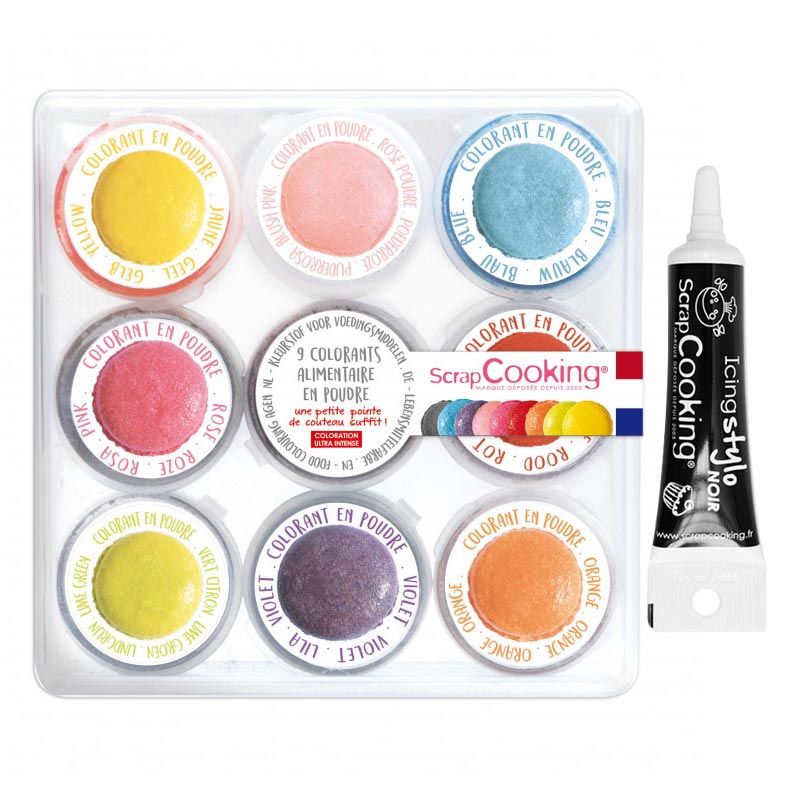 9 mini colorants alimentaires en poudre + Stylo de glaçage noir Scrapcooking - Mathon