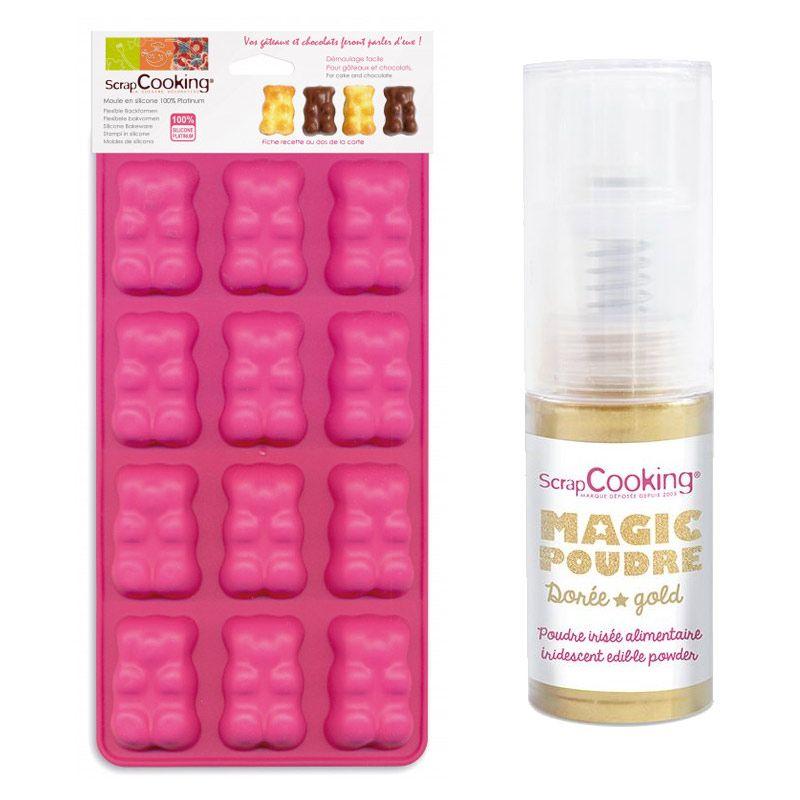 Moules oursons guimauve-chocolat + 1 poudre alimentaire irisée dorée Scrapcooking - Mathon