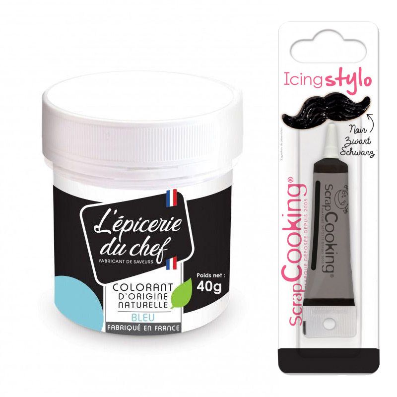 Colorant alimentaire naturel Bleu 40 g + Stylo glaçage noir Scrapcooking - Mathon