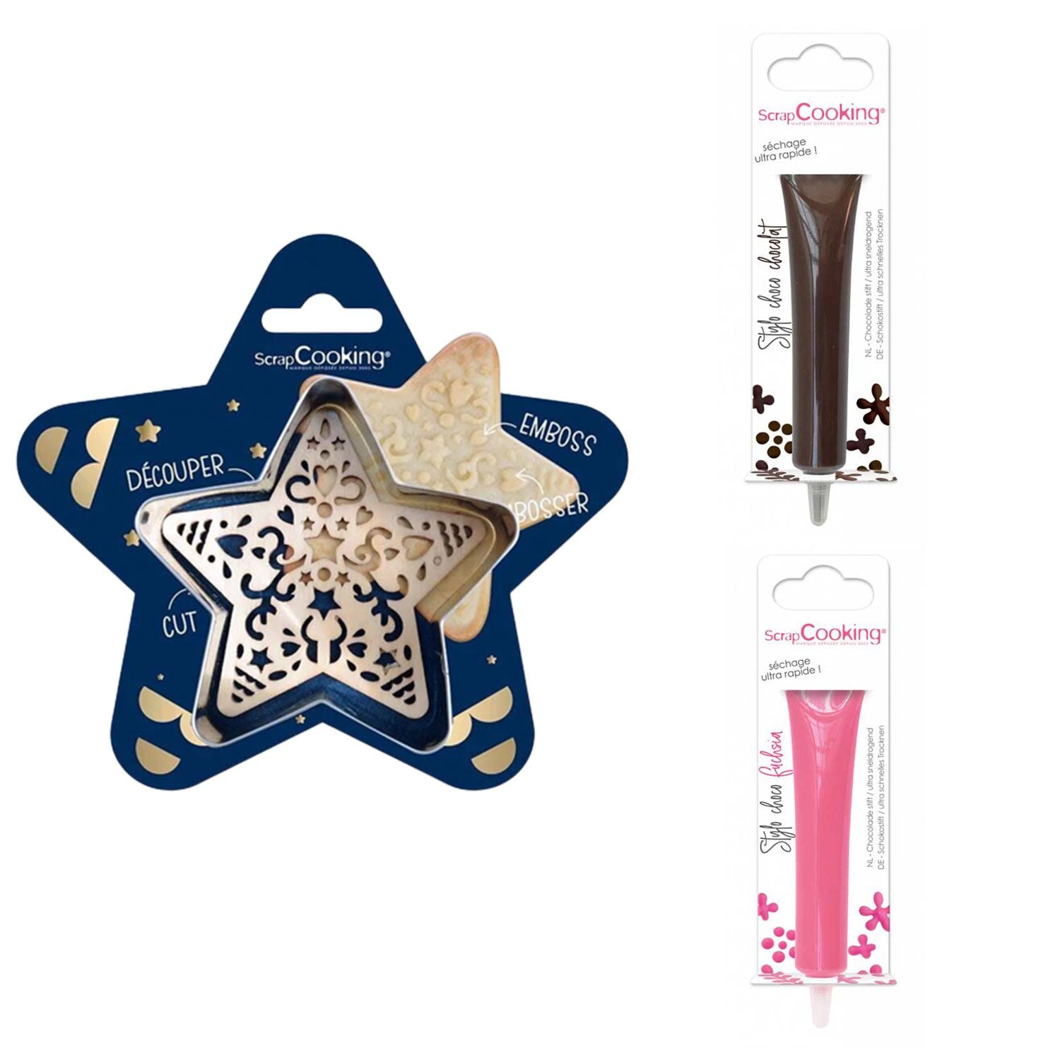 Kit pour biscuit en relief Étoile + 2 Stylos au chocolat marron et fuchsia Scrapcooking - Mathon