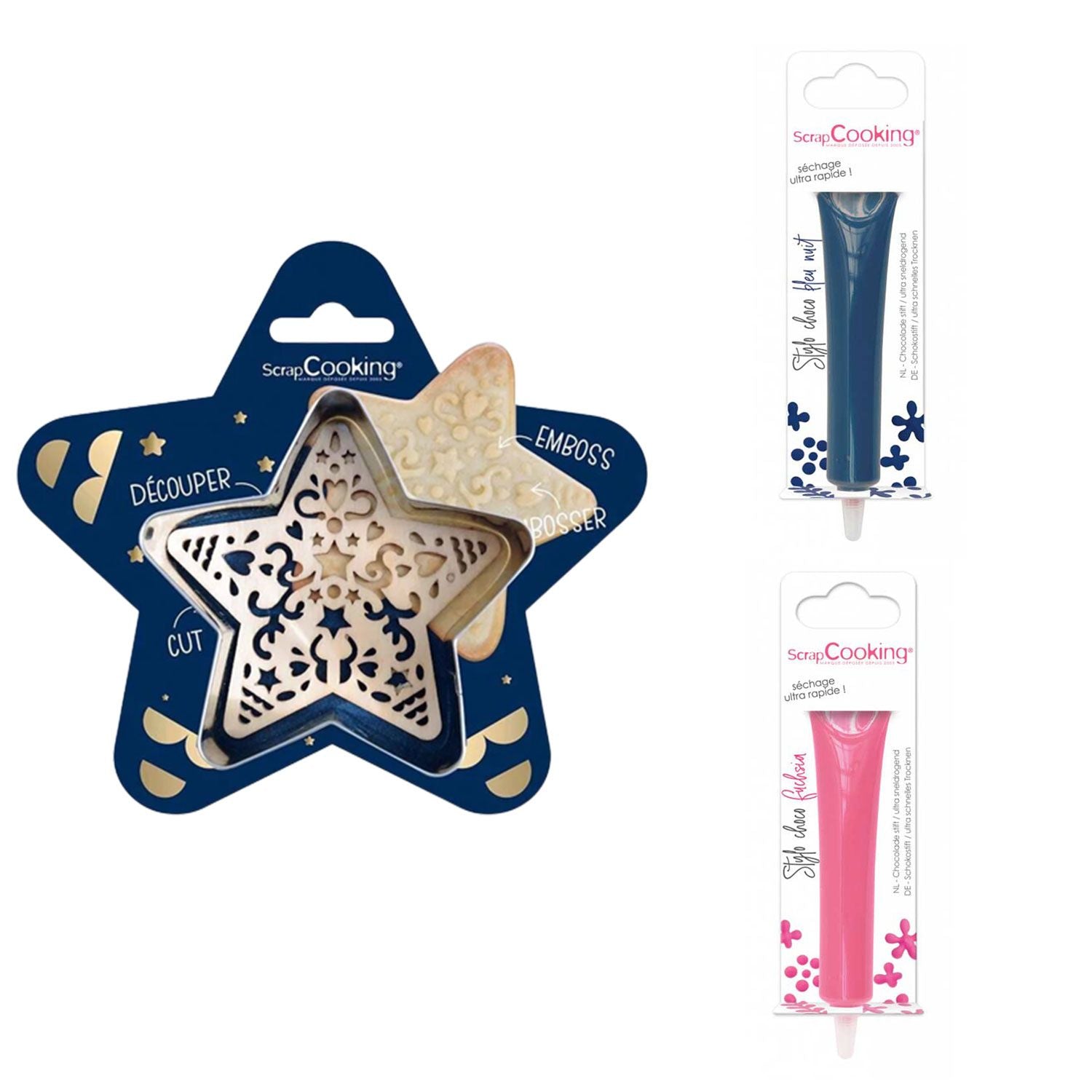 Kit pour biscuit en relief Étoile + 2 Stylos au chocolat bleu nuit et fuchsia Scrapcooking - Mathon