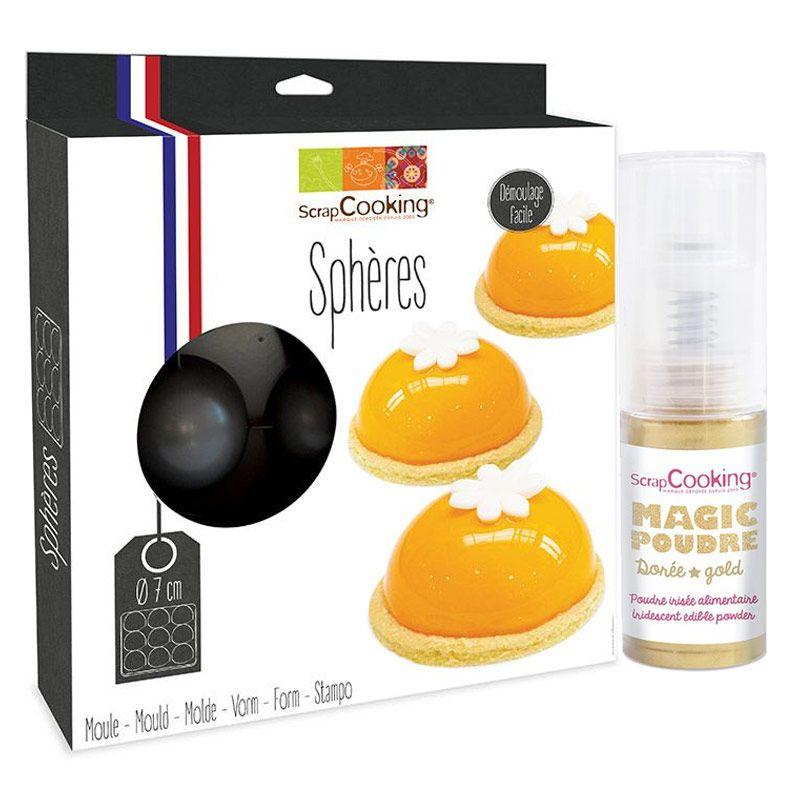 Moule à gâteau semi- rigide 9 demi-sphères + 1 poudre alimentaire irisée dorée Scrapcooking - Mathon