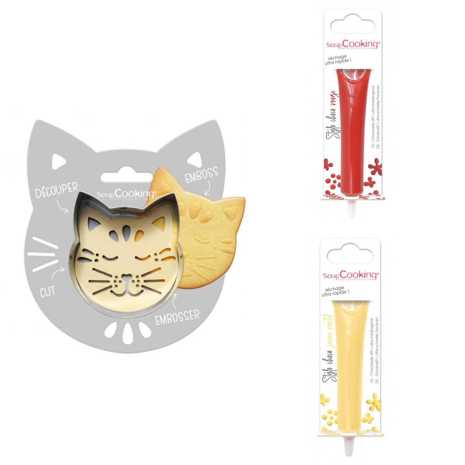 Kit pour biscuit en relief Chat + 2 Stylos au chocolat rouge et jaune pastel Scrapcooking - Mathon
