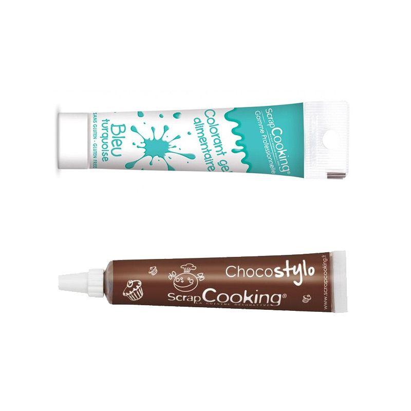 Stylo chocolat + Gel colorant alimentaire bleu turquoise Scrapcooking - Mathon