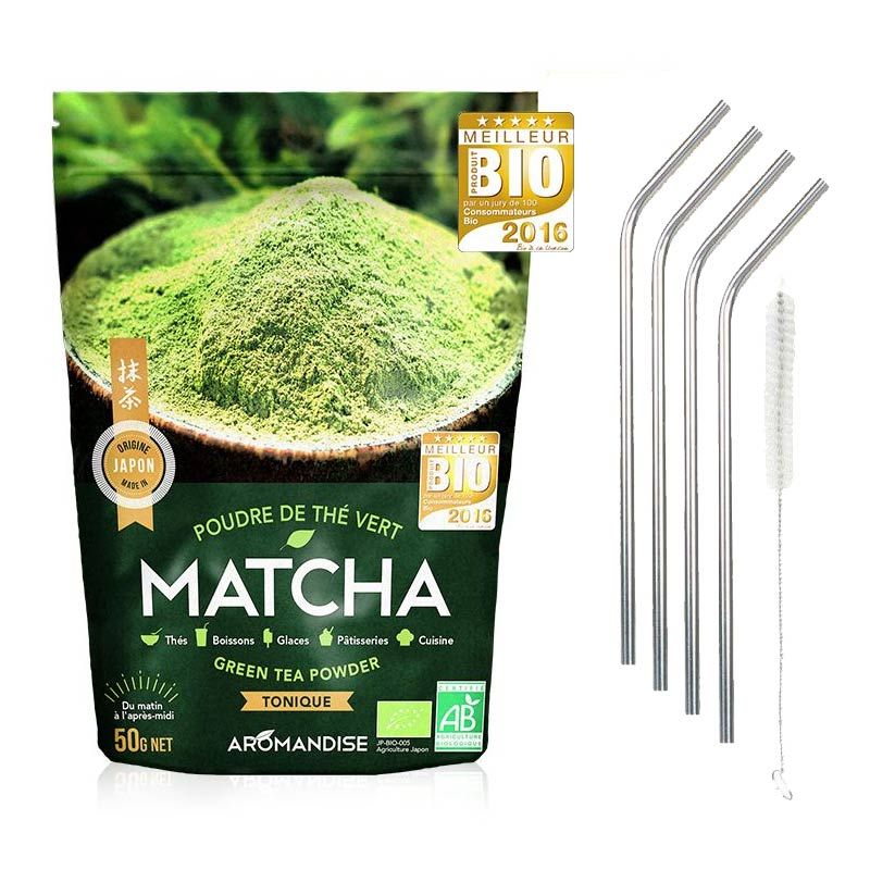 Thé vert bio Matcha en poudre 50 g + 4 pailles en inox Youdoit - Mathon
