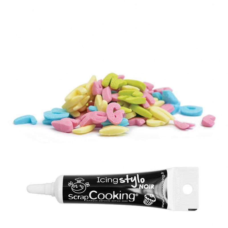 Décors sucrés en pot Alphabet 55 g + Stylo de glaçage noir Scrapcooking - Mathon