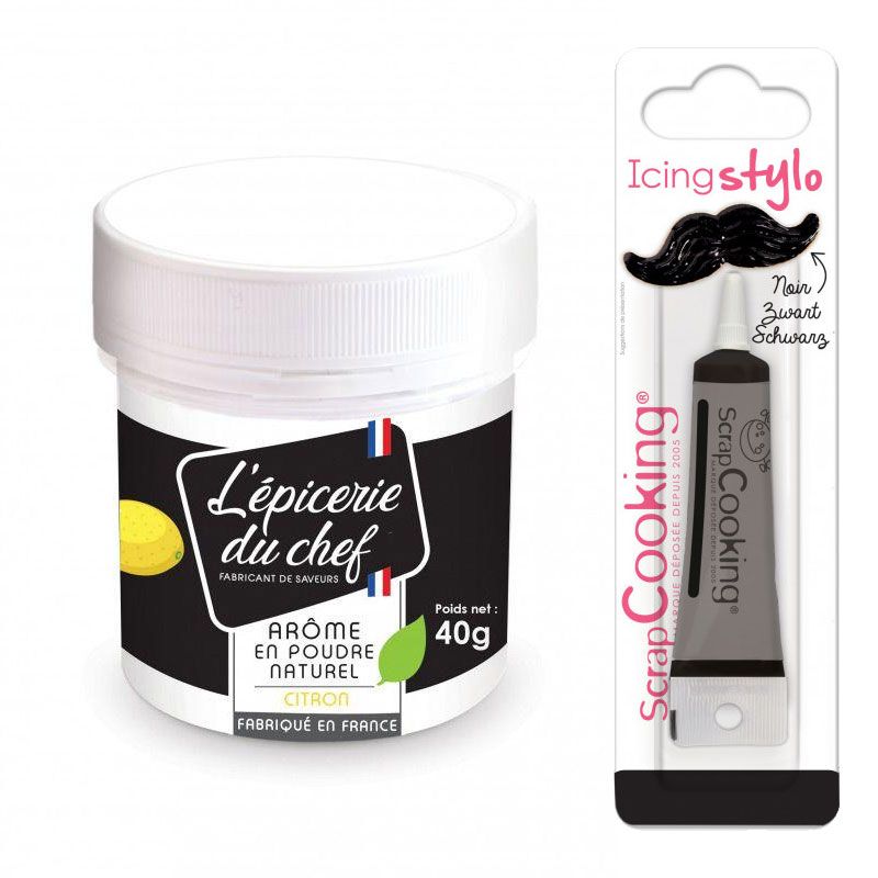 Arôme alimentaire naturel en poudre de Citron 40 g + Stylo glaçage noir Scrapcooking - Mathon