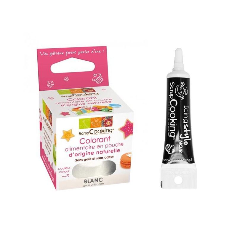 Colorant alimentaire naturel en poudre Blanc + Stylo glaçage noir Scrapcooking - Mathon