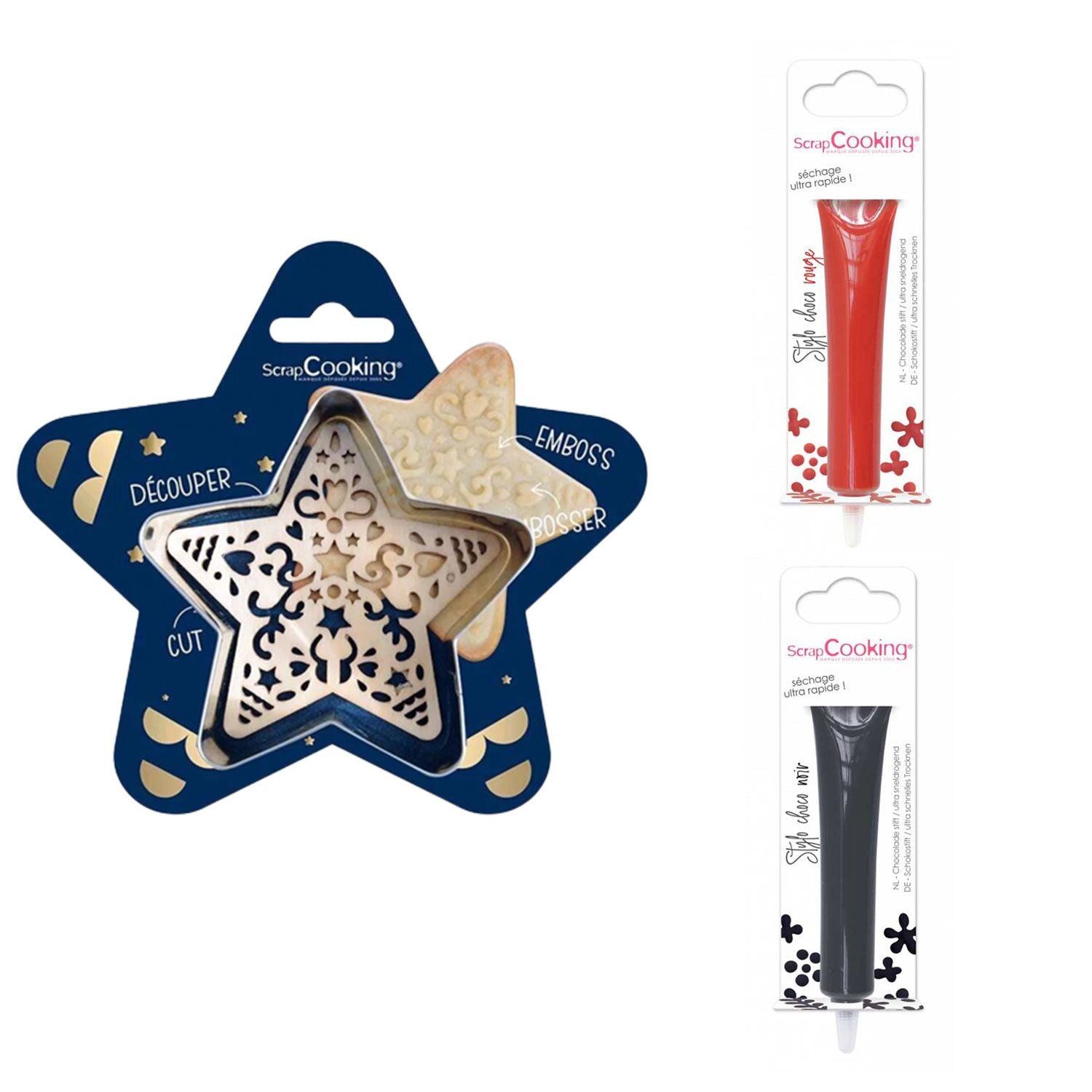 Kit pour biscuit en relief Étoile + 2 Stylos au chocolat rouge et noir Scrapcooking - Mathon