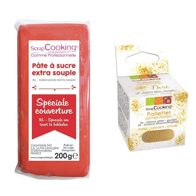 Pâte à sucre de couverture rouge 200 g + paillettes dorées Scrapcooking - Mathon