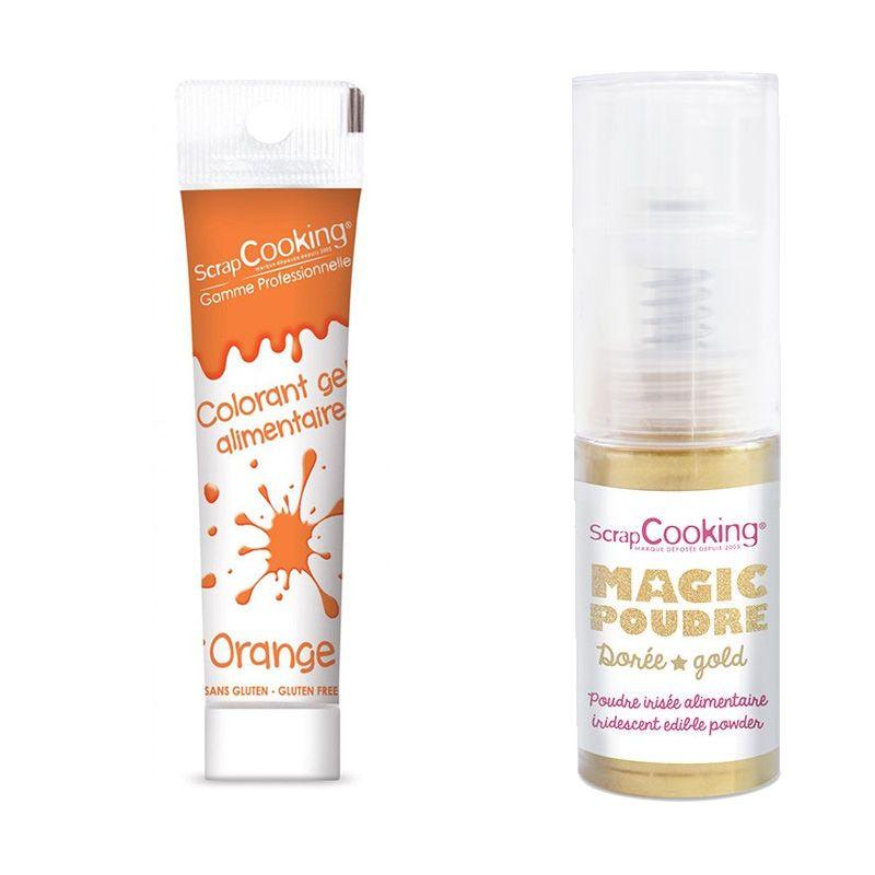 Gel colorant alimentaire orange + Poudre alimentaire irisée dorée Scrapcooking - Mathon