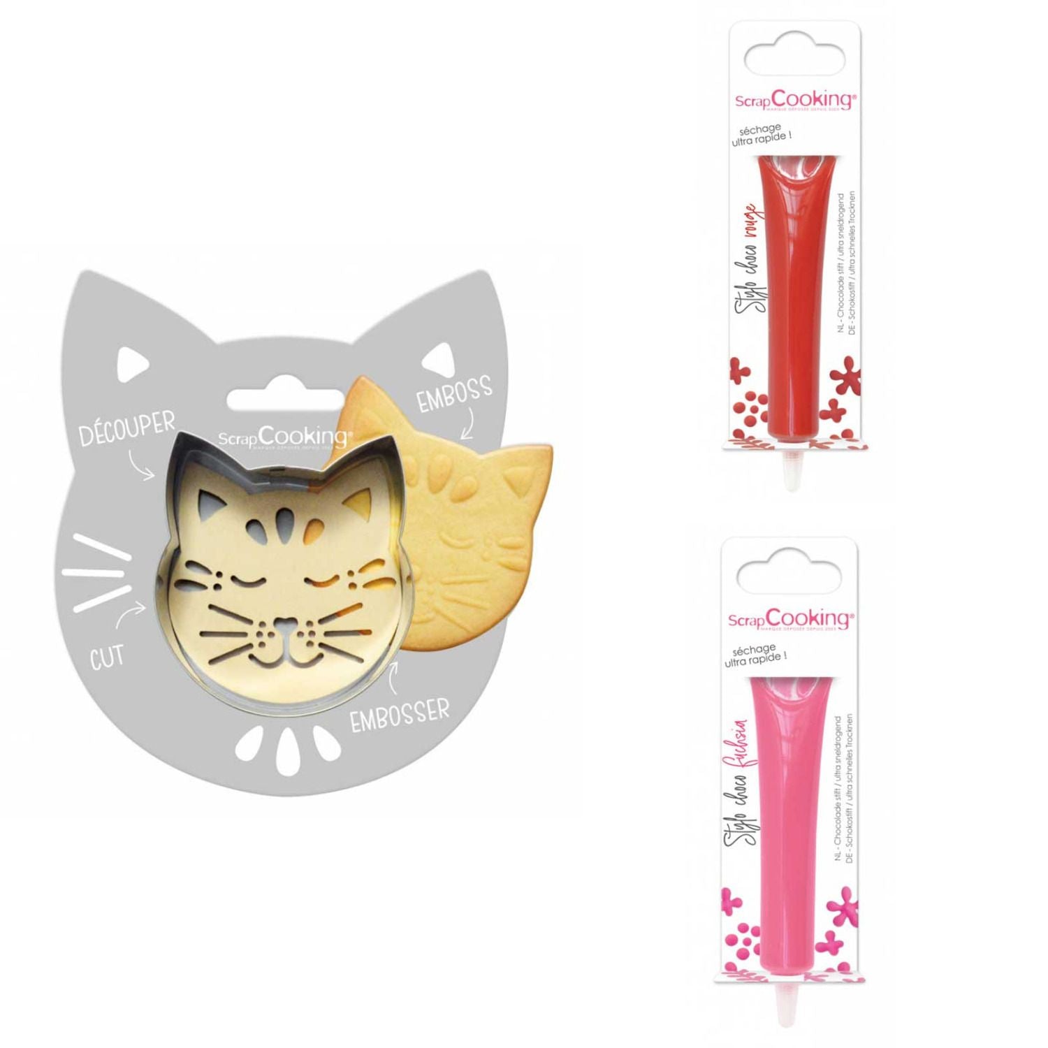Kit pour biscuit en relief Chat + 2 Stylos au chocolat rouge et fuchsia Scrapcooking - Mathon