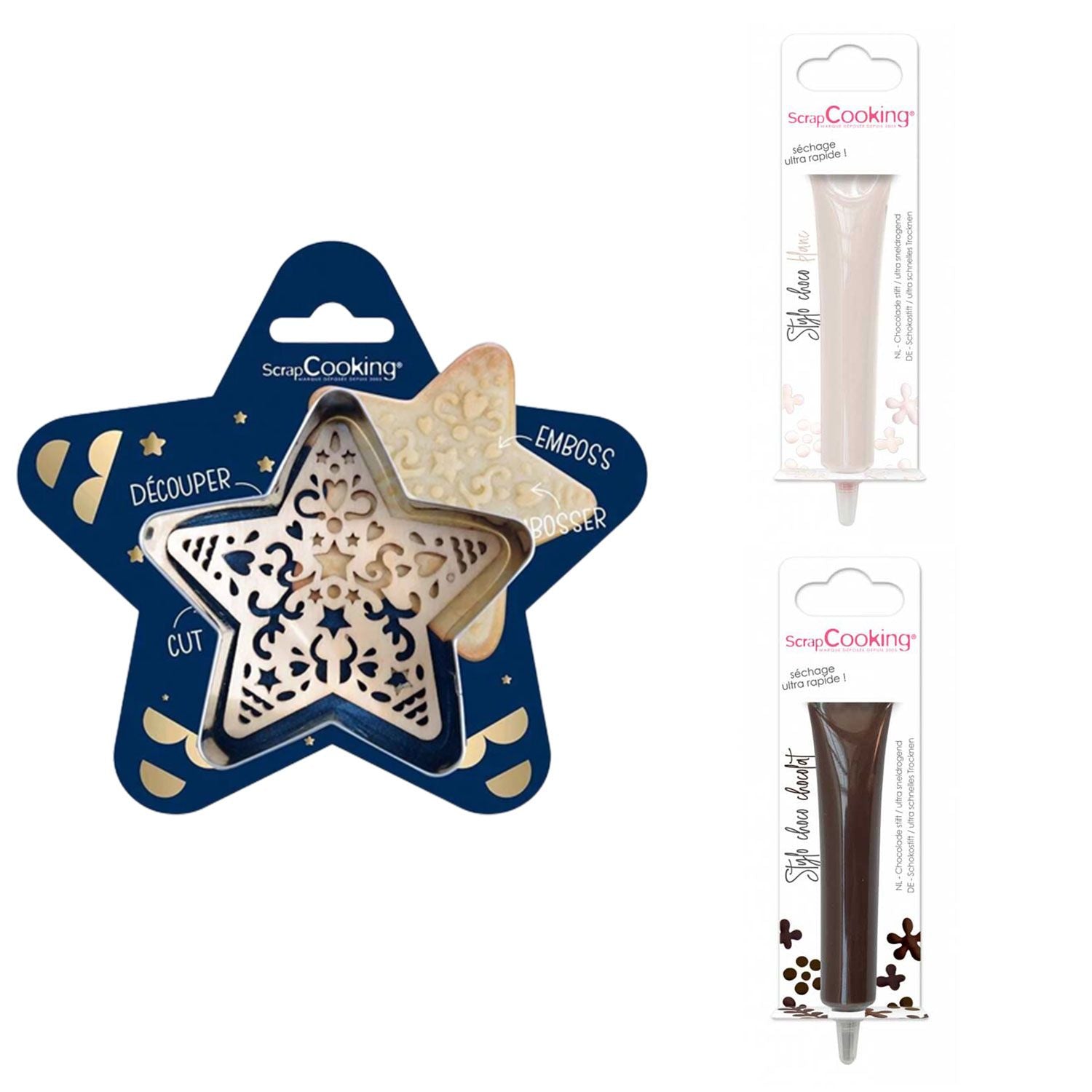 Kit pour biscuit en relief Étoile + 2 Stylos au chocolat blanc et marron Scrapcooking - Mathon