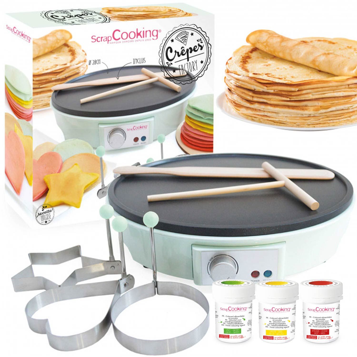 Crepe factory et 3 colorants alimentaires - jaune vert rouge Scrapcooking - Mathon
