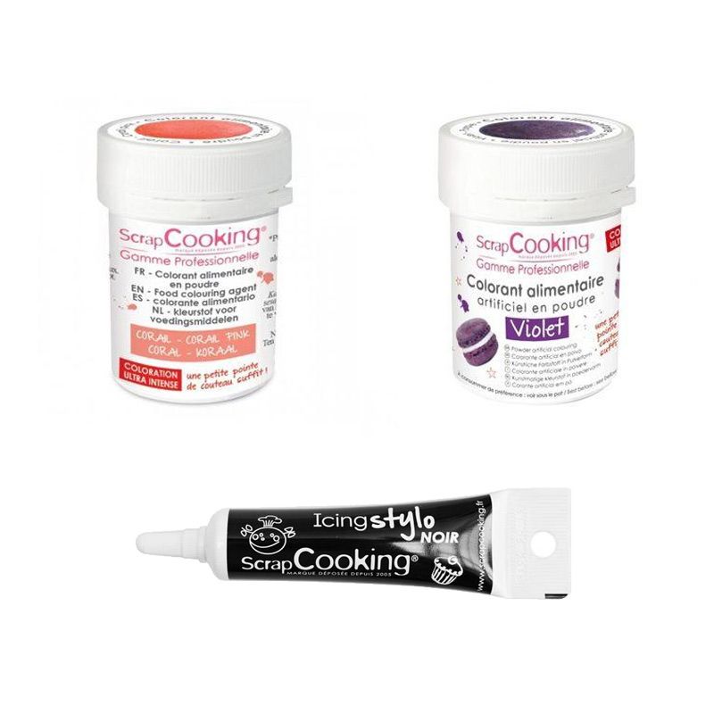 2 colorants alimentaires corail-violet + Stylo glaçage noir Scrapcooking - Mathon