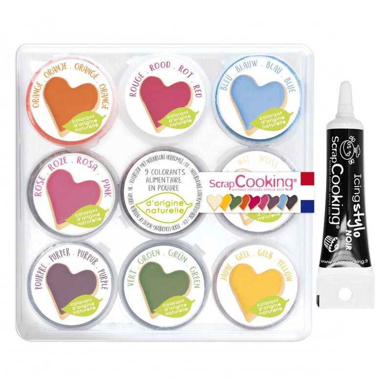 9 mini colorants alimentaires naturels en poudre + Stylo glaçage noir Scrapcooking - Mathon
