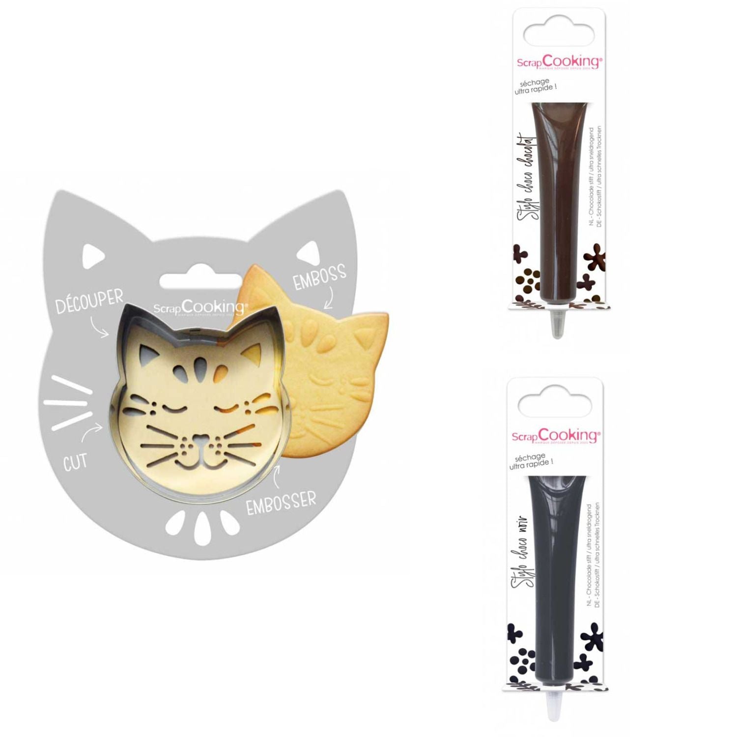Kit pour biscuit en relief Chat + 2 Stylos au chocolat marron et noir Scrapcooking - Mathon