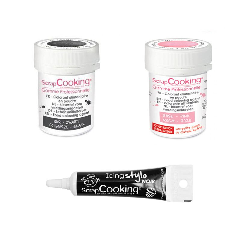 2 colorants alimentaires noir-rose poudré + Stylo glaçage noir Scrapcooking - Mathon
