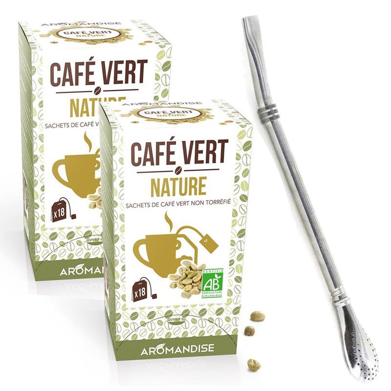Café vert nature 36 sachets + paille inox avec filtre Aromandise - Mathon