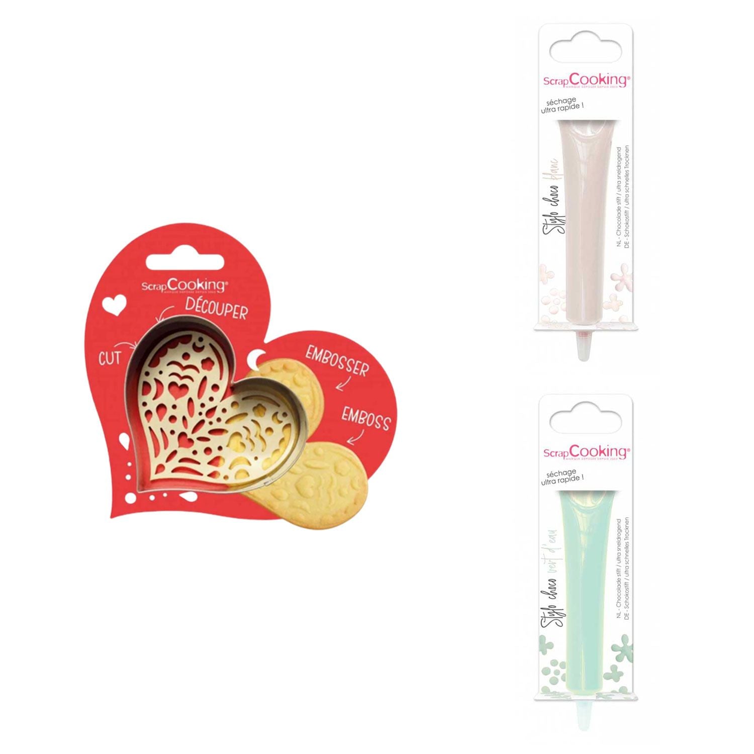 Kit pour biscuit en relief Coeur + 2 Stylos au chocolat blanc et vert d
