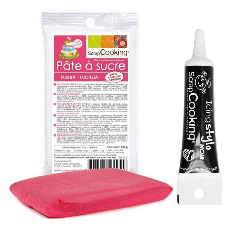Pâte à sucre fuschia 100 g + Stylo de glaçage noir Scrapcooking - Mathon