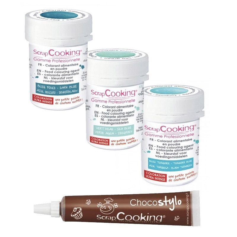 Kit de colorants alimentaires Bleu des mers + 1 Stylo chocolat Scrapcooking - Mathon