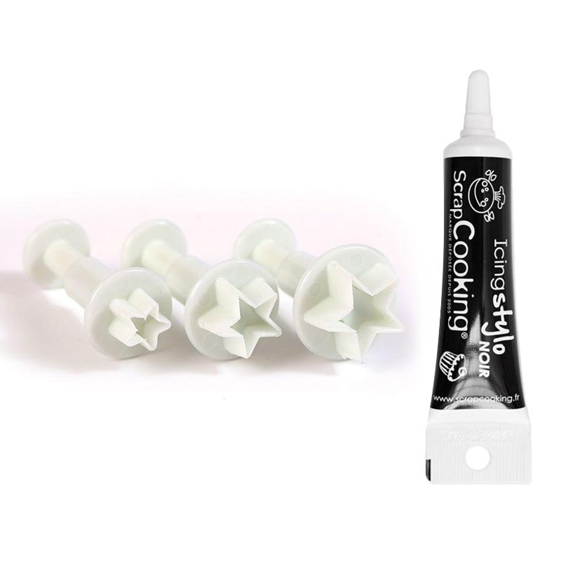 3 emporte-pièces à poussoir en plastique Etoile + Stylo de glaçage noir Youdoit - Mathon