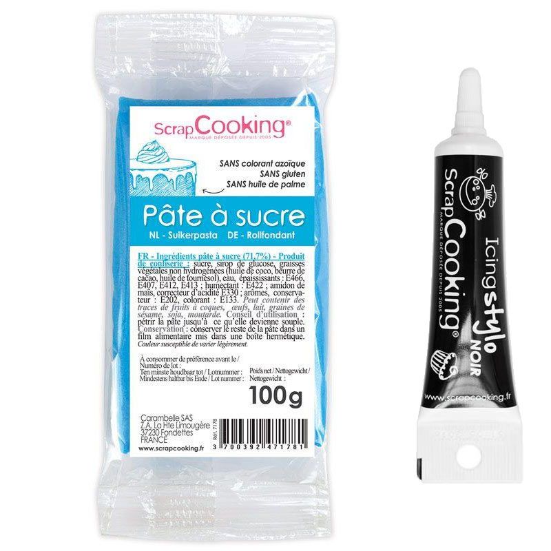 Pâte à sucre bleue 100 g + Stylo de glaçage noir Scrapcooking - Mathon