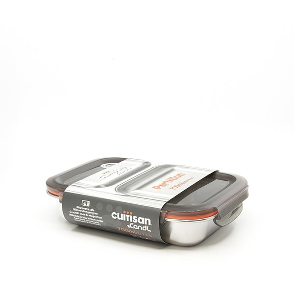 Boite de conservation rectangulaire compartimentée en inox 700 ml compatible micro-ondes Cuitisan - Mathon - 1