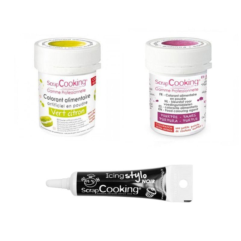 2 colorants alimentaires pourpre-vert citron + Stylo glaçage noir Scrapcooking - Mathon
