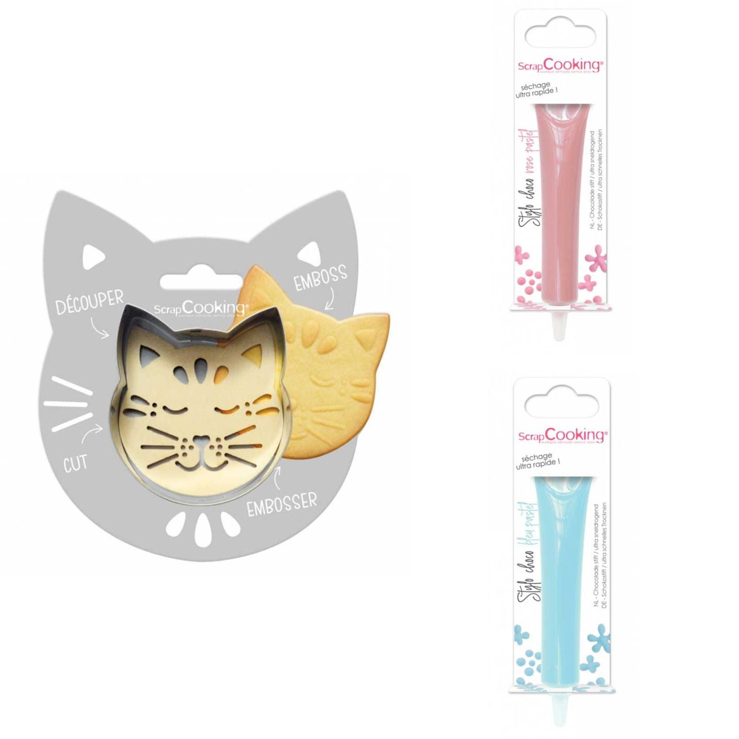 Kit pour biscuit en relief Chat + 2 Stylos au chocolat rose pastel et bleu pastel Scrapcooking - Mathon