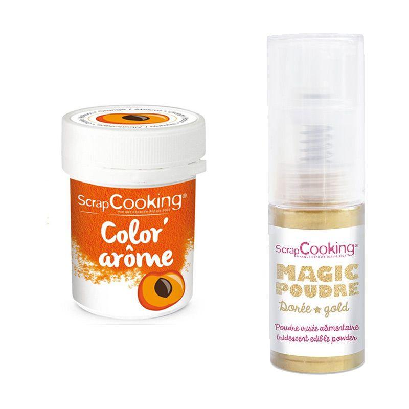Colorant alimentaire orange arôme abricot + Poudre alimentaire irisée dorée Scrapcooking - Mathon