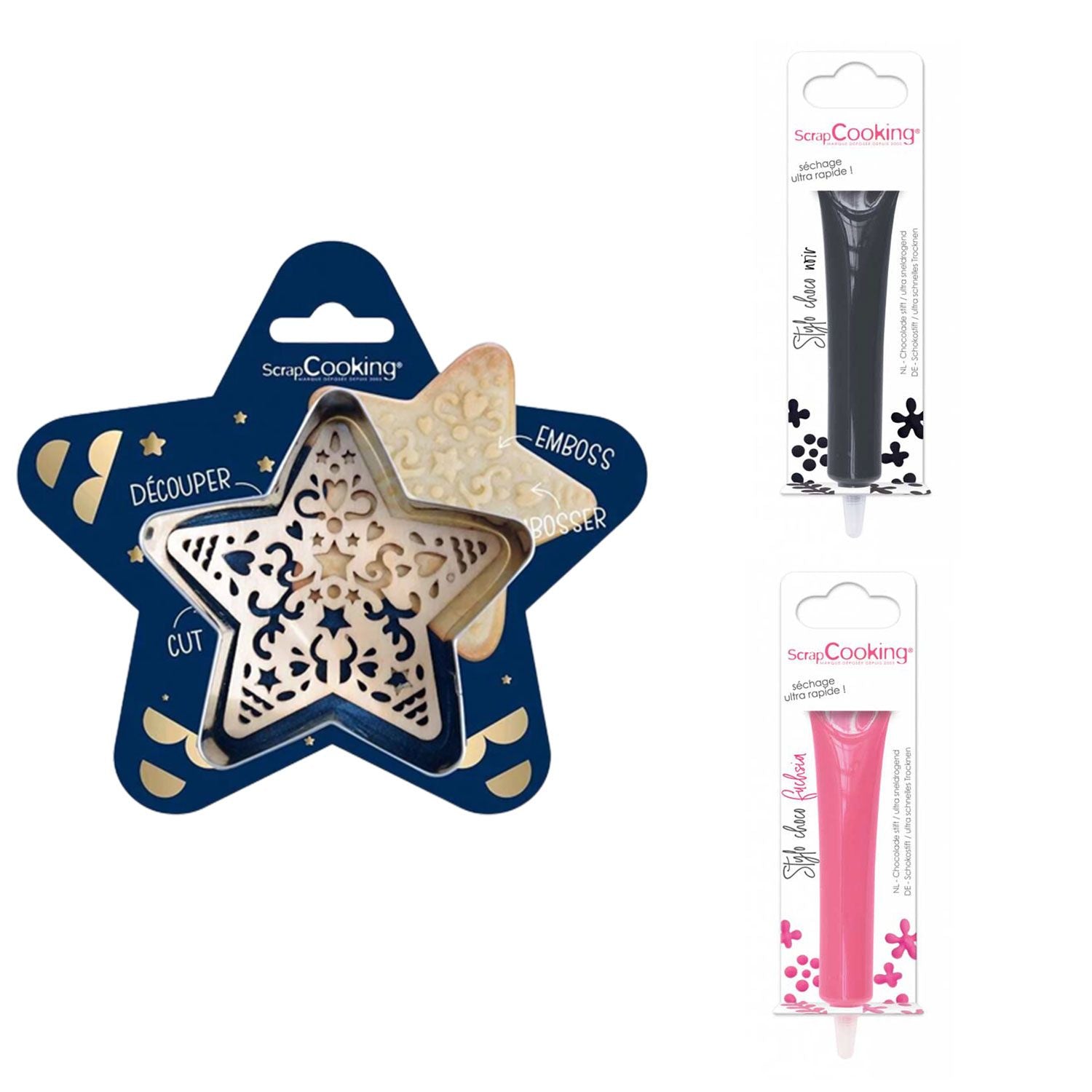 Kit pour biscuit en relief Étoile + 2 Stylos au chocolat noir et fuchsia Scrapcooking - Mathon
