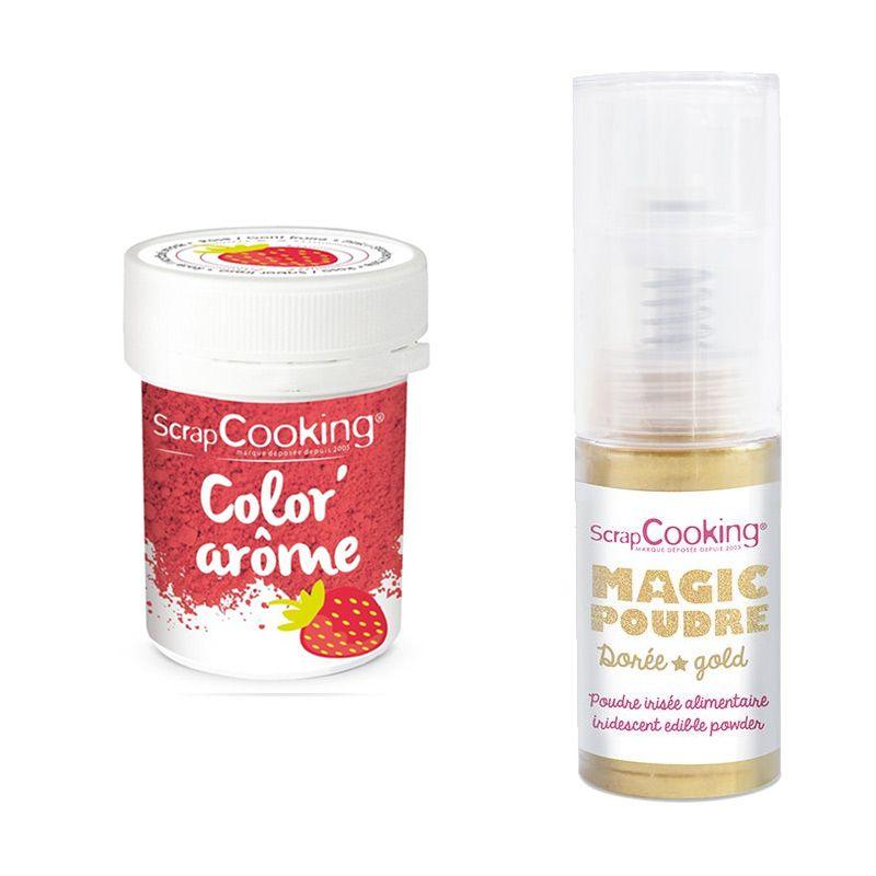 Colorant alimentaire rose arôme fraise + Poudre alimentaire irisée dorée Scrapcooking - Mathon