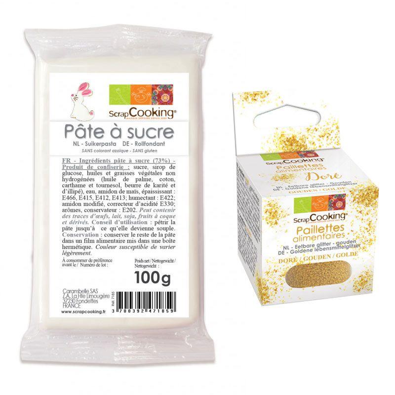 Pâte à sucre blanche 100 g + paillettes dorées Scrapcooking - Mathon