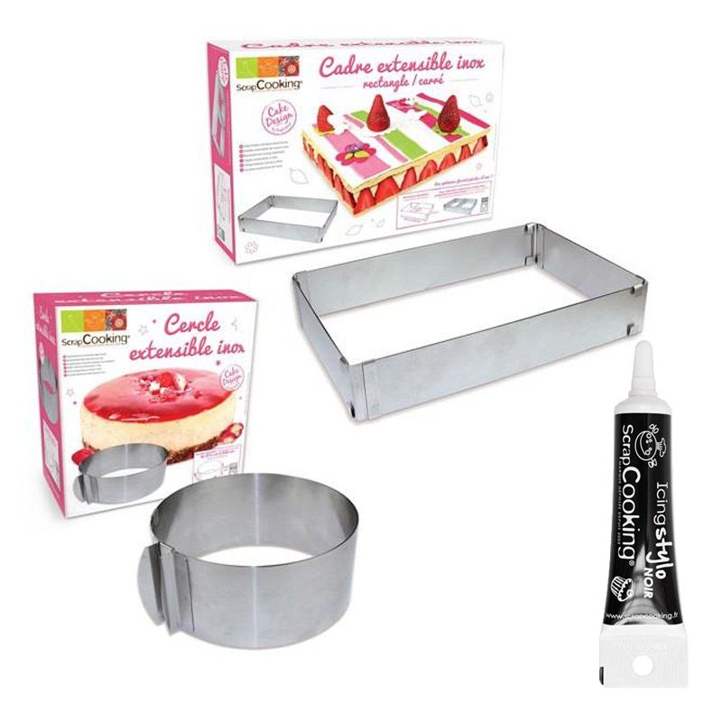 2 cadres pâtisserie extensibles cercle & rectangle + Stylo glaçage noir Scrapcooking - Mathon