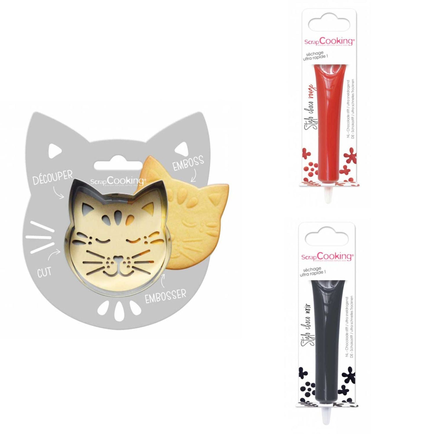 Kit pour biscuit en relief Chat + 2 Stylos au chocolat rouge et noir Scrapcooking - Mathon
