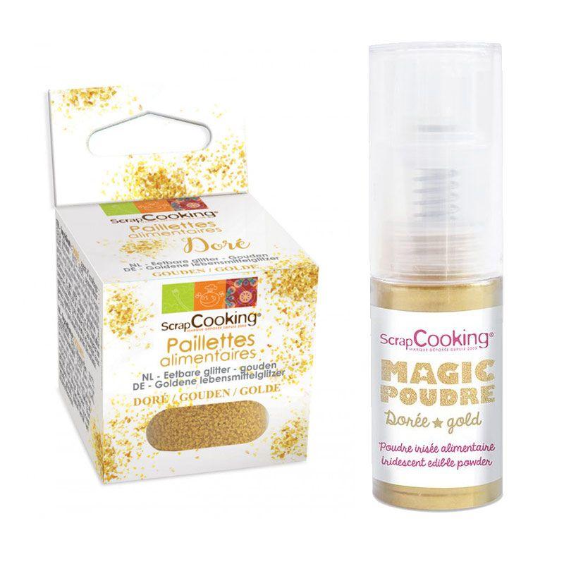 Paillettes alimentaires dorées + Poudre irisée dorée Scrapcooking - Mathon