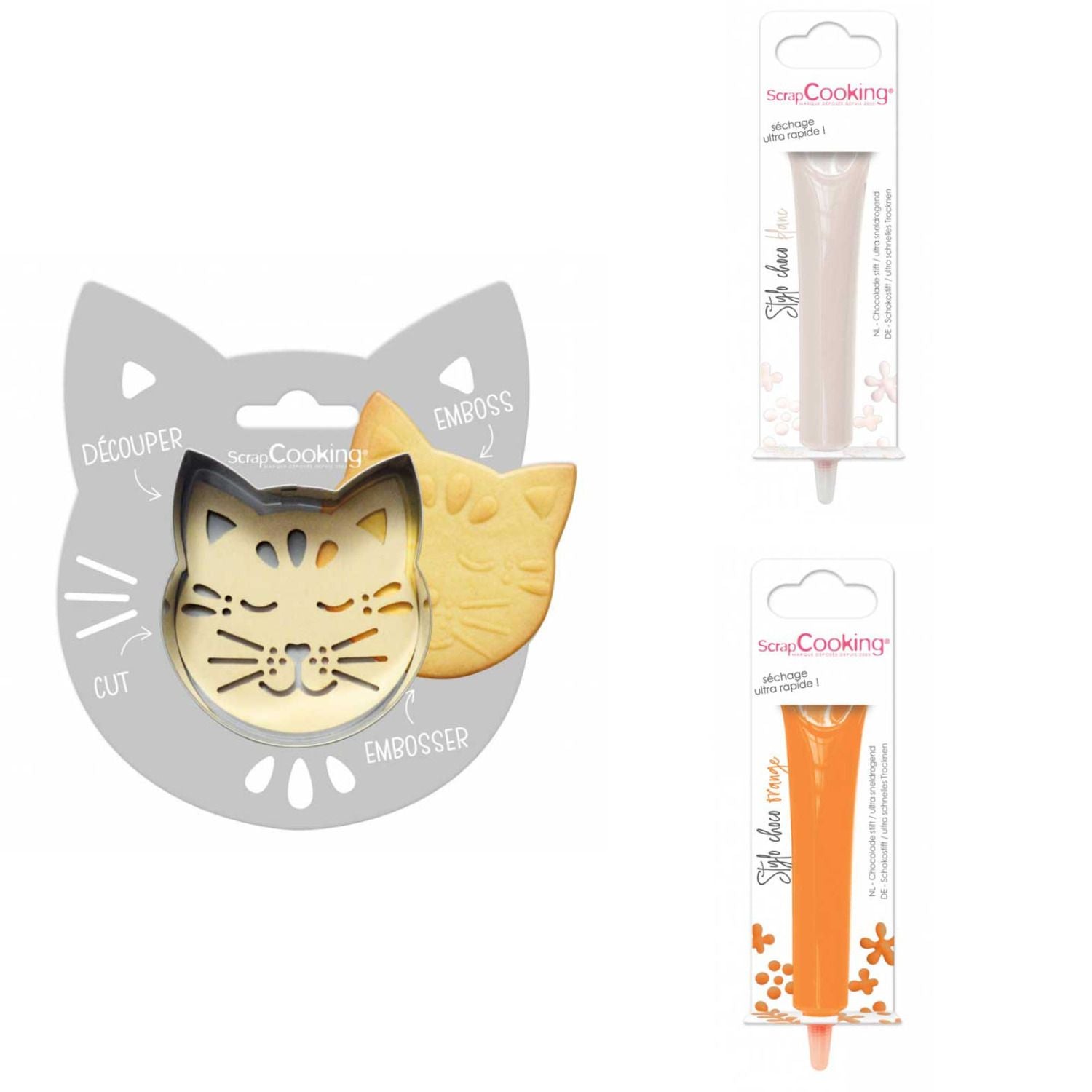 Kit pour biscuit en relief Chat + 2 Stylos au chocolat blanc et orange Scrapcooking - Mathon