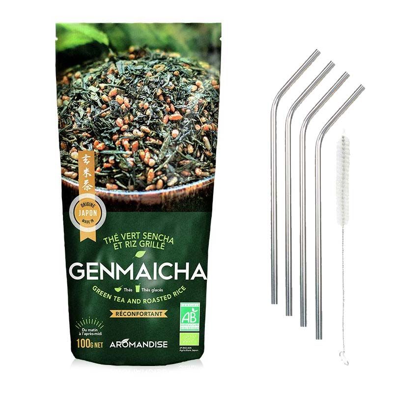 Thé vert Bio et riz complet Genmaicha 100 g + 4 pailles en inox Youdoit - Mathon