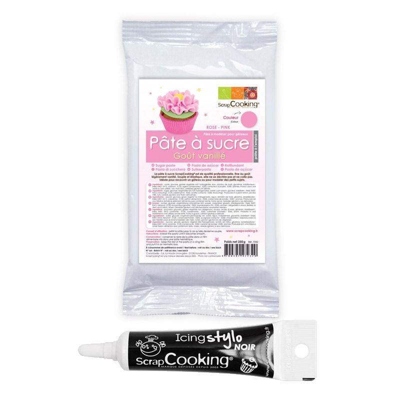 Pâte à sucre rose 250 g + Stylo de glaçage noir Scrapcooking - Mathon