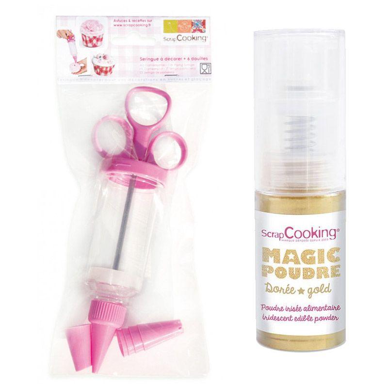 Seringue pour pâtisserie + Poudre alimentaire irisée dorée Scrapcooking - Mathon