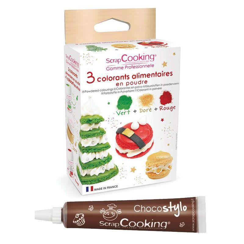 3 colorants en poudre vert, rouge et doré + 1 Stylo chocolat Scrapcooking - Mathon
