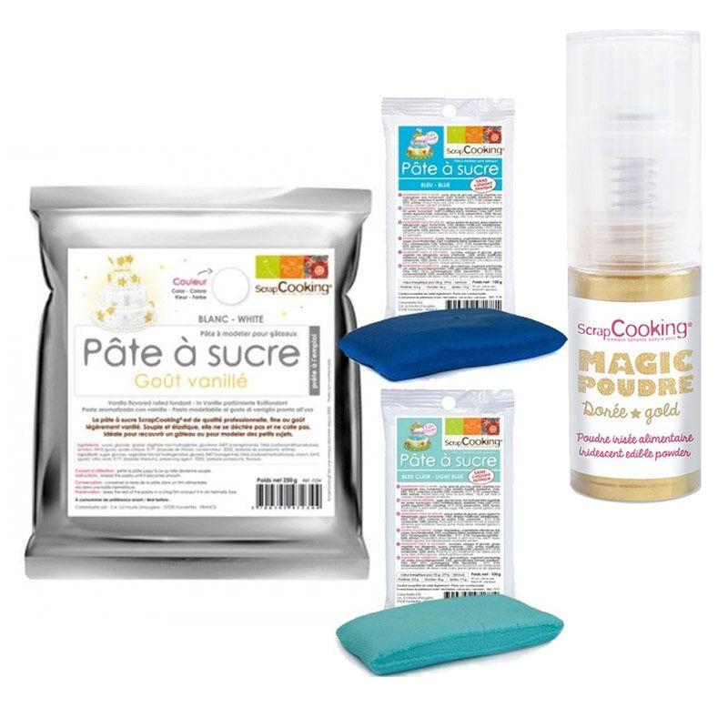 Kit pâte à sucre naissance garçon + 1 poudre alimentaire irisée dorée Scrapcooking - Mathon