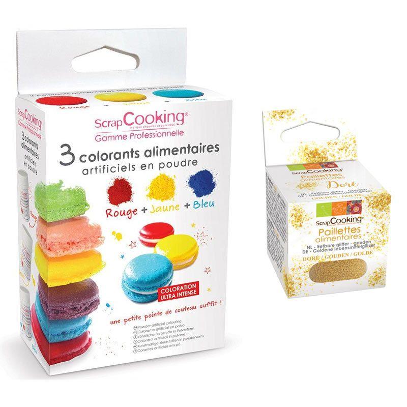 3 colorants alimentaires en poudre jaune-rouge-bleu + paillettes dorées Scrapcooking - Mathon