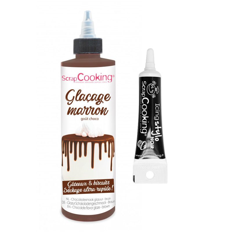 Glaçage goût chocolat 130 g marron + Stylo de glaçage noir Scrapcooking - Mathon