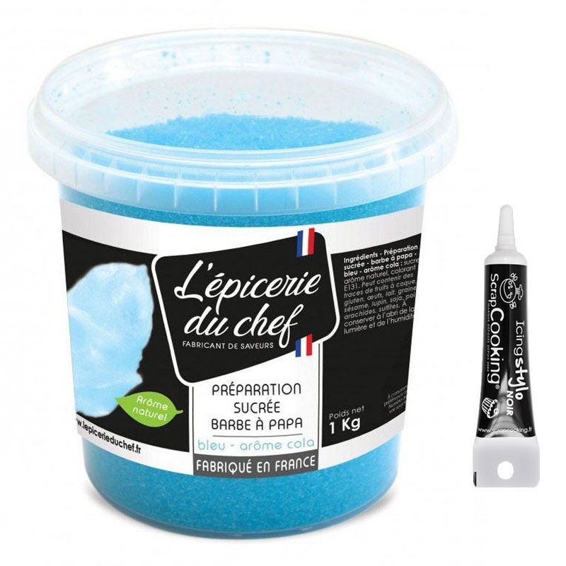 Sucre barbe à papa bleu 1 kg + Stylo glaçage noir Scrapcooking - Mathon