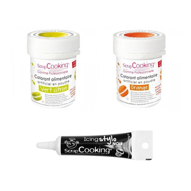 2 colorants alimentaires orange-vert citron + Stylo glaçage noir Scrapcooking - Mathon