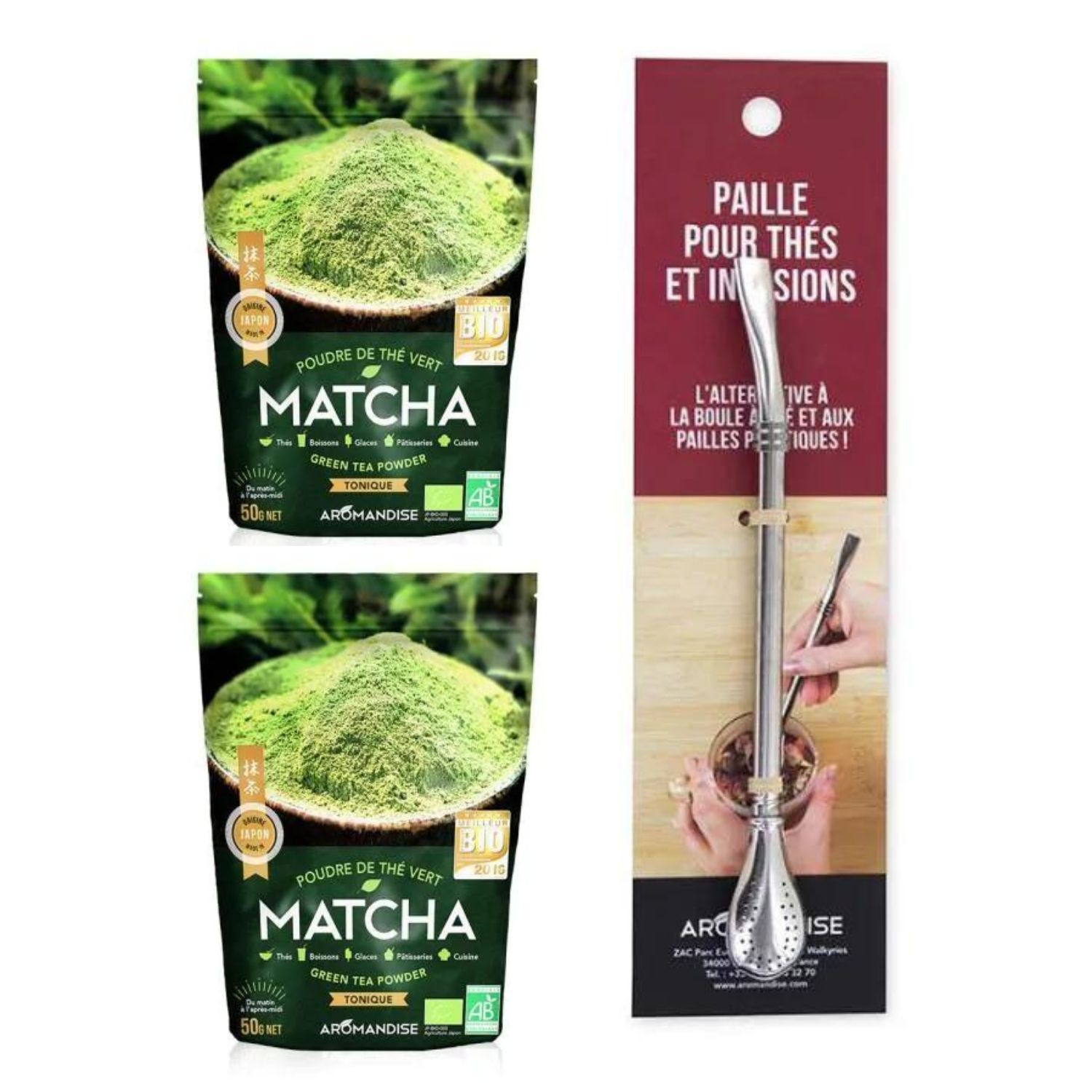 Thé vert bio Matcha en poudre 100 g + paille inox avec filtre Aromandise - Mathon