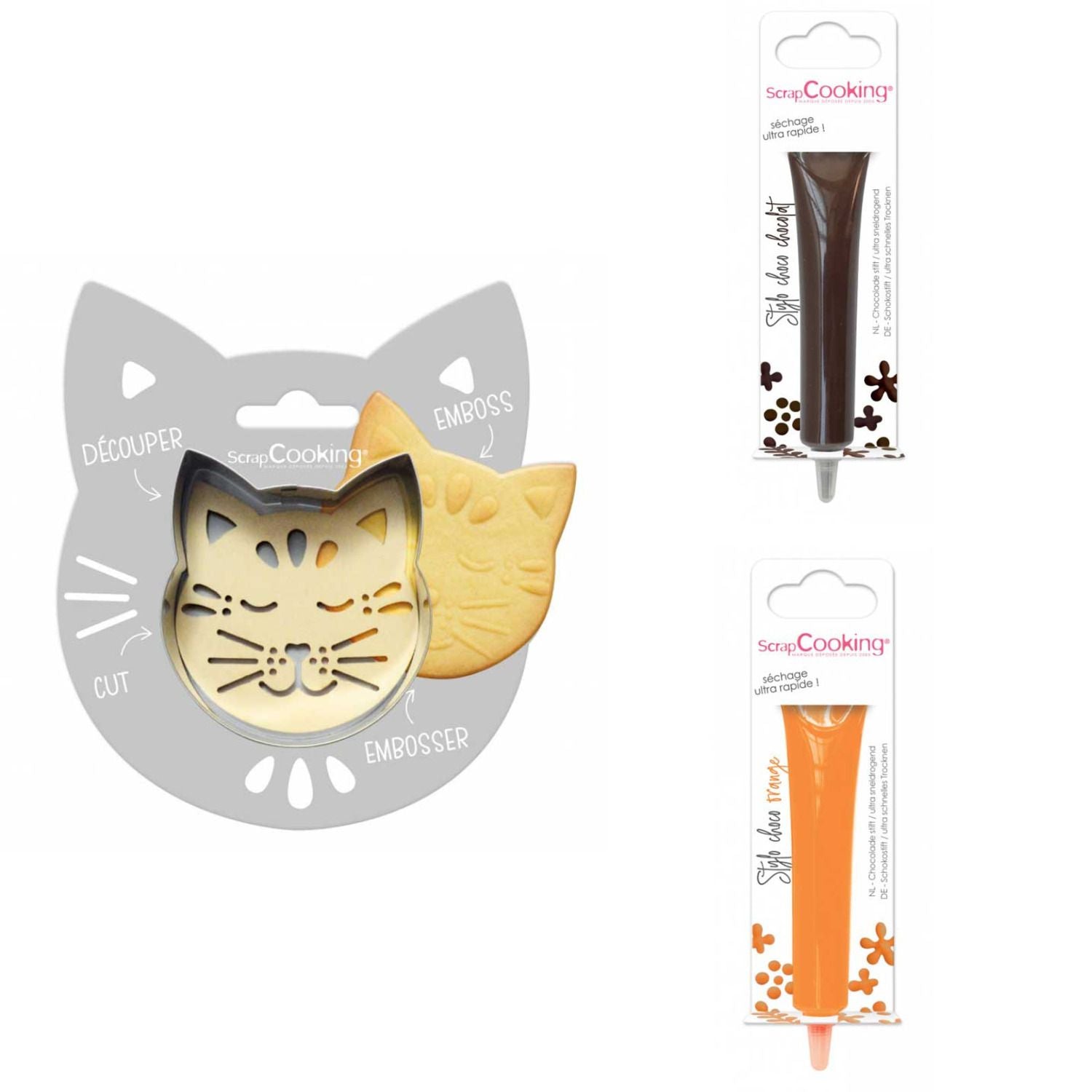 Kit pour biscuit en relief Chat + 2 Stylos au chocolat marron et orange Scrapcooking - Mathon